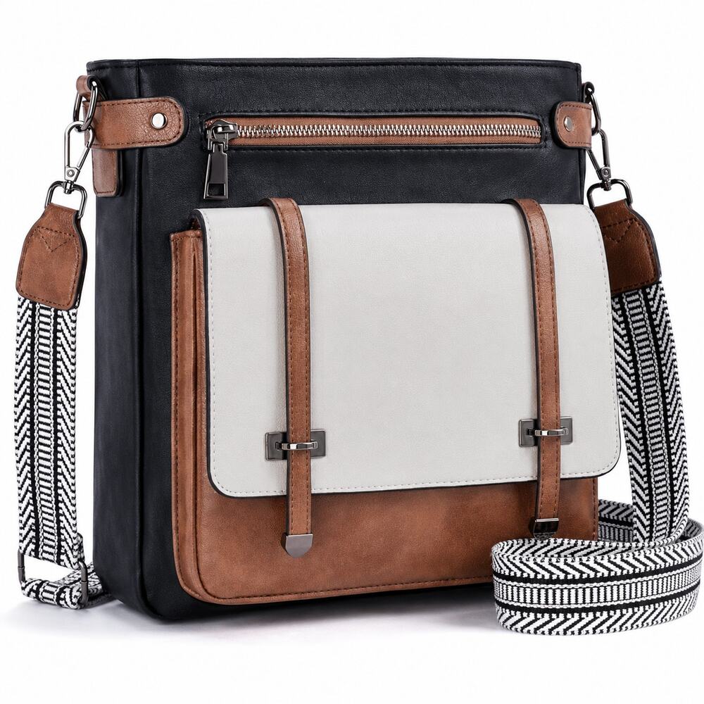 Rosetti Colorblock  Messenger Bag Black White Brown Faux Leather